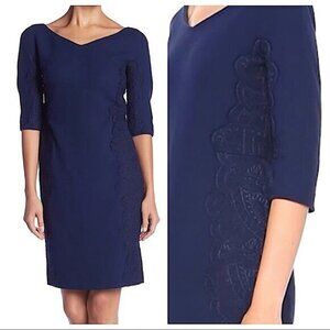 Lafayette 148 Alexia Lace Trim Sheath Wool Dress in Navy Blue Size 10/12